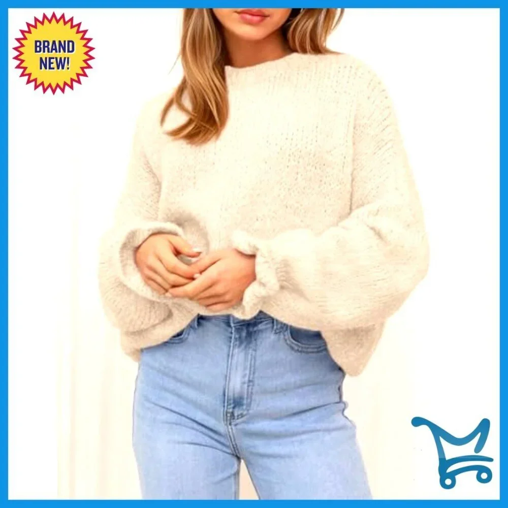 Oversized Knit Pullover Sweater Crewneck Fuzzy Warm Long Sleeve Loose Fit
